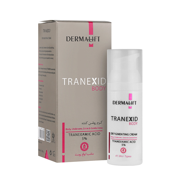 کرم روشن‌کننده بدن درمالیفت ضد لک و تیرگی حاوی ترانگزامیک اسید و ویتامین C مدل Tranexid حجم 50 میل
