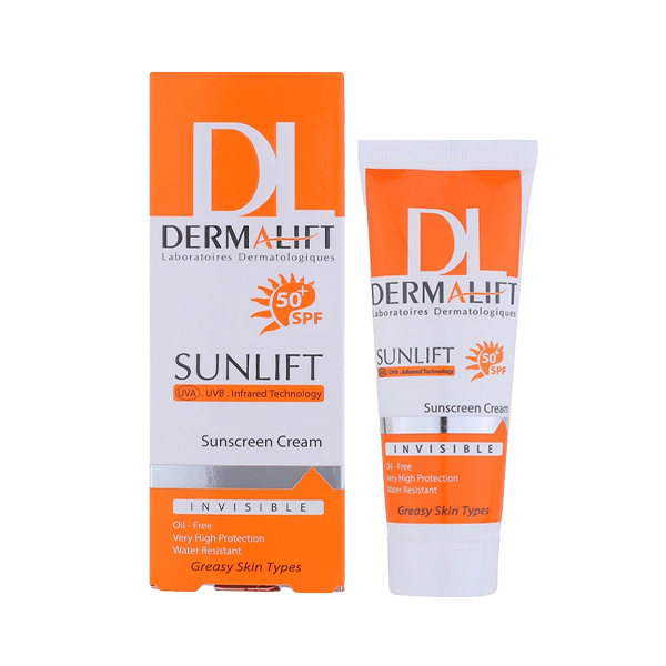 کرم ضد آفتاب بی‌رنگ کنترل‌کننده چربی درمالیفت مخصوص پوست‌های چرب مدل Sunlift SPF 50 حجم 40 میل