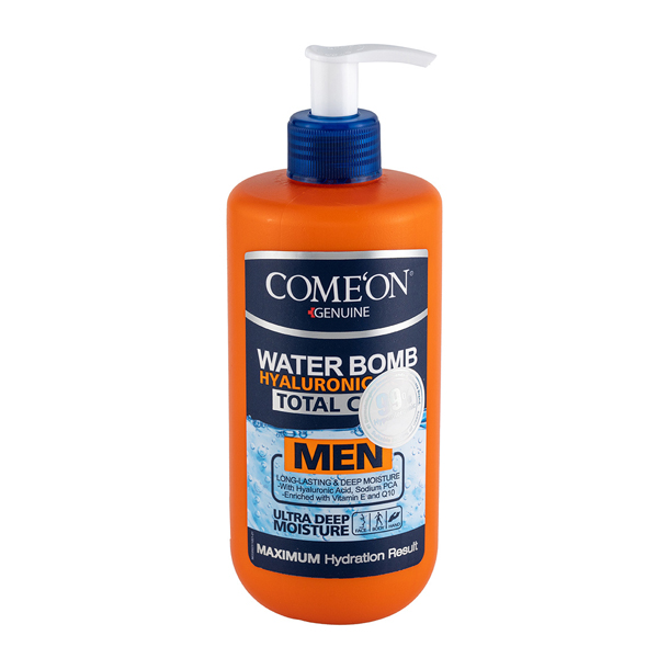 کرم آبرسان صورت و بدن کامان مدل Water Bomb Total Care مخصوص آقایان حاوی هیالورونیک اسید و Q10 حجم ۵۰۰ میل