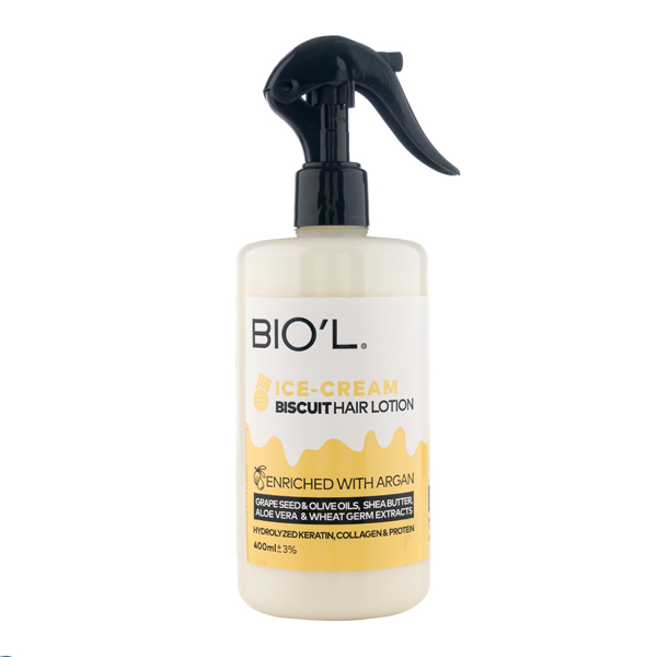 لوسیون موی بدون نیاز به آبکشی بیول مدل Biscuit Ice Cream حاوی روغن‌های آرگان و کراتین حجم ۴۰۰ میل