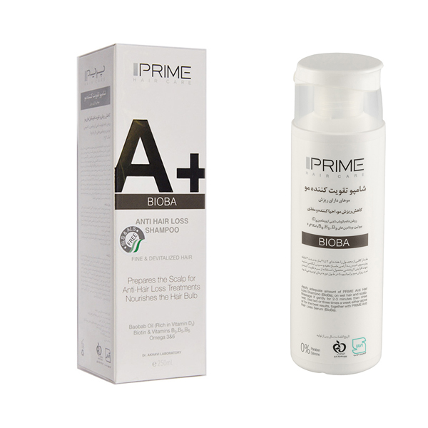 شامپو تقویت کننده و ضد ریزش پرایم مدل A+ حاوی بیوتین و کافئین حجم ۲۵۰ میل