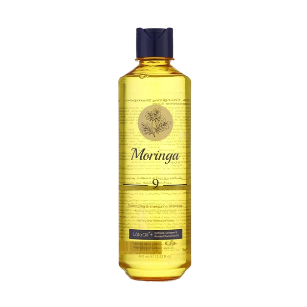 شامپو حجم دهنده و انرژی بخش مورینگا حاوی روغن مورینگا و کافئین مناسب پوست سر خشک و حساس حجم ۴۰۰ میل