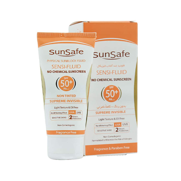 فلوئید ضد آفتاب بی‌رنگ سان سیف SPF 50 ضد قرمزی مناسب پوست حساس و مستعد قرمزی حجم ۵۰ میل