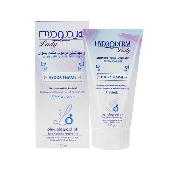ژل بهداشتی مرطوب کننده بانوان هیدرودرم مدل Hydra Femme مخصوص مخاط خشک و فاقد رطوبت حجم ۱۵۰ میل
