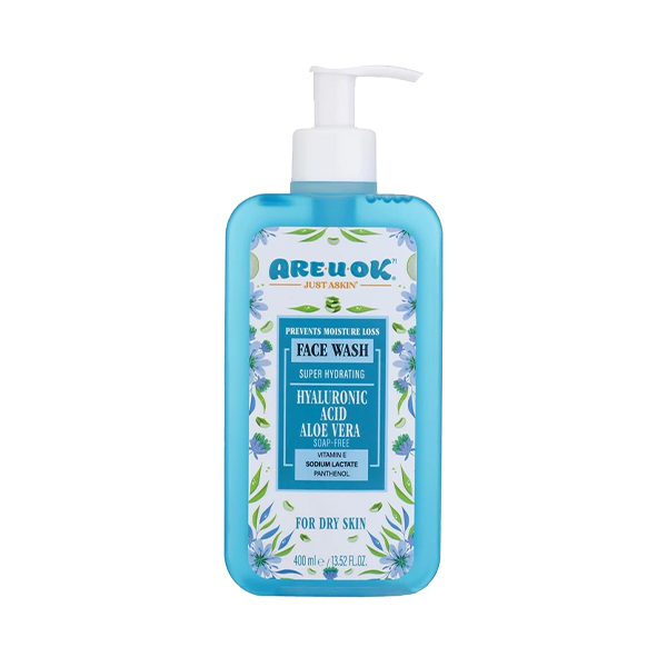 ژل شستشو صورت آر یو اوکی مناسب پوست های خشک حاوی هیالورونیک اسید و ژل آلوئه ورا با خاصیت آبرسانی عمقی و تسکین‌دهنده حجم ۴۰۰ میل