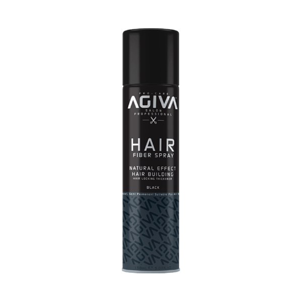 اسپری پرپشت‌کننده و فیبر مو آگیوا مدل HAIR FIBER SPRAY رنگ مشکی (Black) مناسب انواع مو با جلوه طبیعی و ضدآب حجم ۱۵۰ میل