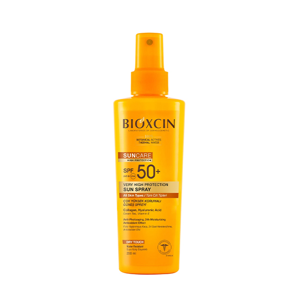 اسپری ضد آفتاب صورت و بدن بیوکسین مدل  VERY HIGH PROTECTION با SPF50 مناسب انواع پوست حاوی کلاژن و هیالورونیک اسید حجم ۲۰۰ میل