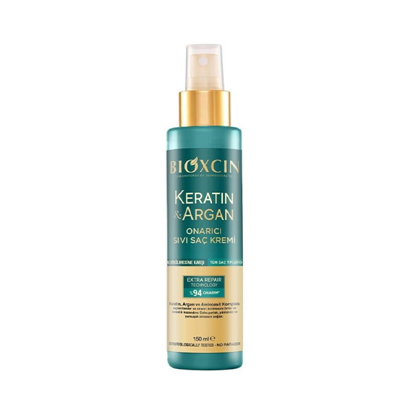 اسپری ترمیم‌کننده مو بیوکسین مدل KERATIN & ARGAN با تکنولوژی EXTRA REPAIR حاوی آمینواسید حجم ۱۵۰ میل
