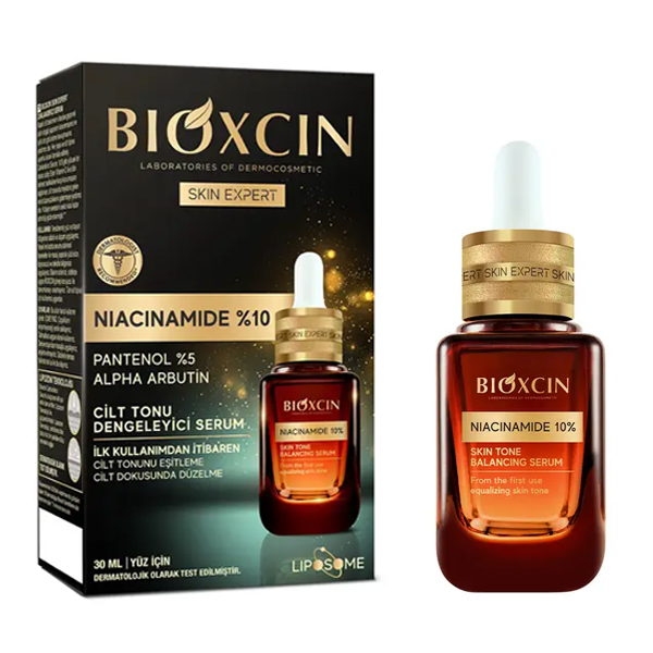 سرم تنظیم‌کننده‌یِ تناژ و شفاف‌کننده پوست بیوکسین مدل NIACINAMIDE 10% حاوی پانتنول و آلفا آربوتین جهتِ رفعِ لک حجم ۳۰ میل