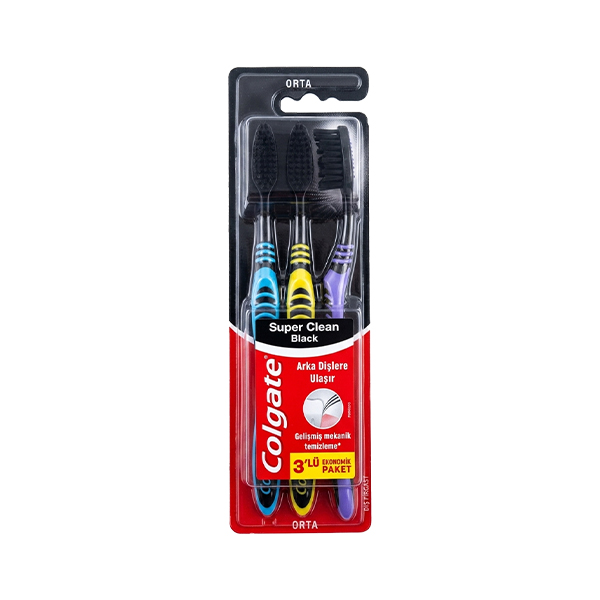 مسواک ذغالی کلگیت مدل Super Clean Black با برس متوسط بسته اقتصادی تعداد ۳ عددی