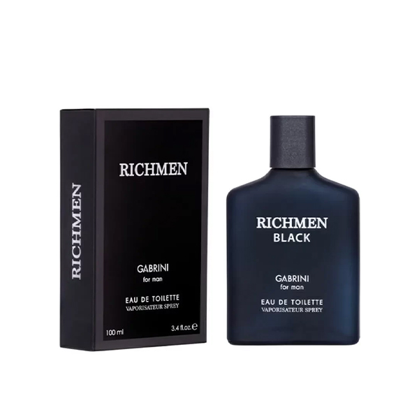 ادوتویلت مردانه گابرینی مدل RICHMEN BLACK با رایحه تلخ چوبی-آروماتیک و ماندگاری سدر و خس‌خس حجم ۱۰۰ میل