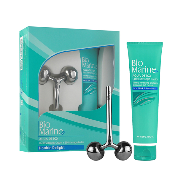 کیت  ماساژ صورت و گردن بایومارین مدل AQUA DETOX  رطوبت رسان همراه با ماساژور سه بعدی استیل حجم ۱۰۰ میل