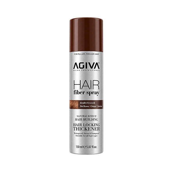 اسپری پرپشت‌کننده مو آگیوا مدل HAIR FIBER SPRAY رنگ قهوه‌ای متوسط  مناسب انواع مو با جلوه طبیعی و ضدآب حجم ۱۵۰ میل