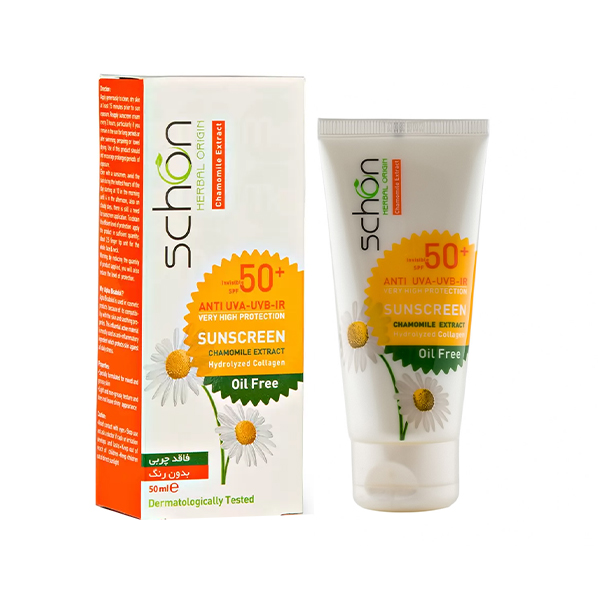 کرم ضدآفتاب بی‌رنگ فاقد چربی شون با SPF50 حاوی عصاره بابونه مناسب پوست چرب و مختلط حجم 50ml