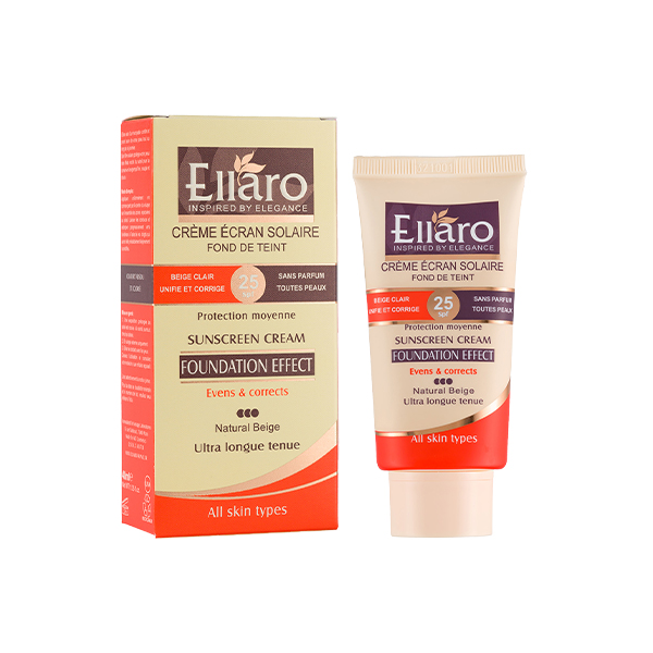 کرم ضدآفتاب رنگی انواع پوست الارو مدل Foundation Effect با SPF25 پوشش کرم‌پودری رنگ بژ طبیعی حجم 40ml