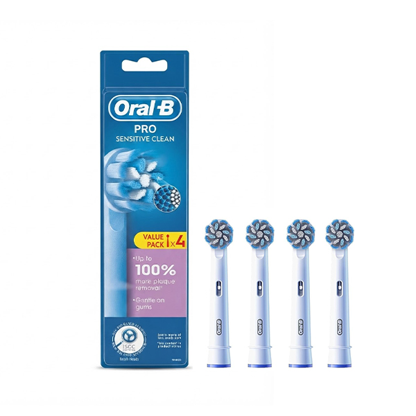 سری مسواک برقی اورال بی مدل Pro Sensitive Clean اصل مناسب دندان و لثه‌های حساس با الیاف دوگانه اولتراتین بسته ۴ عددی
