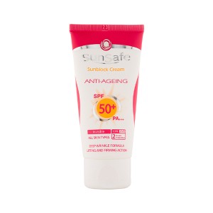 کرم ضد آفتاب و ضد چروک سان سیف SPF 50 بی‌رنگ حاوی هیالورونیک اسید مناسب انواع پوست حجم ۵۰ میل