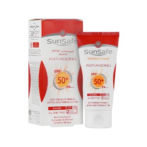 کرم ضد آفتاب و ضد چروک سان سیف SPF 50 بی‌رنگ حاوی هیالورونیک اسید مناسب انواع پوست حجم ۵۰ میل