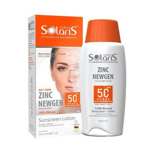 لوسیون ضد آفتاب و التیام بخش آردن سولاریس SPF 50 مدل Zinc Newgen مناسب پوست‌های حساس حجم ۱۰۰ میل
