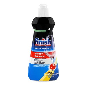 مایع جلادهنده و براق کننده لیمویی ماشین ظرفشویی فینیش مدل Parlatici با خاصیت خشک‌کنندگی سریع حجم ۴۰۰ میل