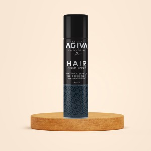 اسپری پرپشت‌کننده و فیبر مو آگیوا مدل HAIR FIBER SPRAY رنگ مشکی (Black) مناسب انواع مو با جلوه طبیعی و ضدآب حجم ۱۵۰ میل