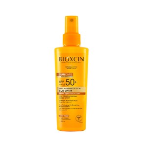 اسپری ضد آفتاب صورت و بدن بیوکسین مدل  VERY HIGH PROTECTION با SPF50 مناسب انواع پوست حاوی کلاژن و هیالورونیک اسید حجم ۲۰۰ میل