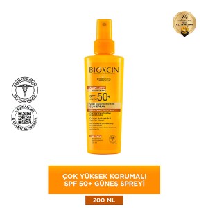 اسپری ضد آفتاب صورت و بدن بیوکسین مدل  VERY HIGH PROTECTION با SPF50 مناسب انواع پوست حاوی کلاژن و هیالورونیک اسید حجم ۲۰۰ میل