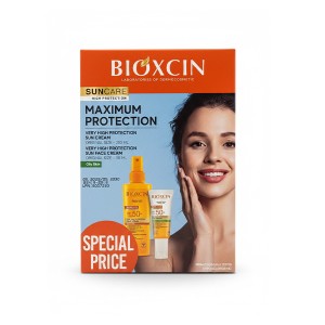 پک دو عددی ضد آفتاب صورت و بدن بیوکسین مدل SUN CARE VERY HIGH PROTECTION با SPF50 حاوی کلاژن و هیالورونیک اسید