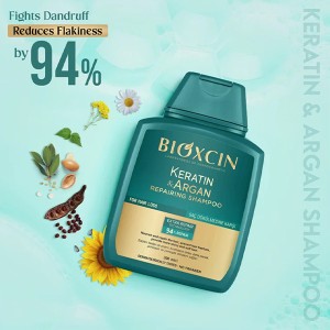 شامپو ترمیم‌کننده و ضد ریزش بیوکسین مدل KERATIN &amp; ARGAN حاوی کراتین و روغن آرگان با خاصیتِ بازسازیِ ۹۴ درصدی حجم ۳۰۰ میل