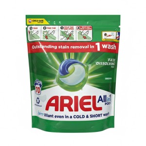 قرص ماشین لباسشویی آریل مدل ALL IN 1 PODS لکه‌بر فوق‌قوی و درخشان‌کننده تخصصی لباس‌های روشن تعداد ۷۰ عددی