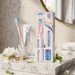 ست مسواک و خمیر دندان سنسوداین مدل Whitening مخصوص دندان‌های حساس با برس Soft حجم ۷۵ میل