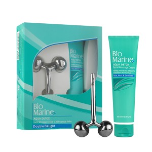 کیت  ماساژ صورت و گردن بایومارین مدل AQUA DETOX  رطوبت رسان همراه با ماساژور سه بعدی استیل حجم ۱۰۰ میل