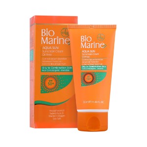 کرم ضد آفتاب فاقد چربی بی رنگ بایومارین مدل AQUA SUN با SPF50 مناسب پوست های چرب و جوش دار حجم ۵۰ میل