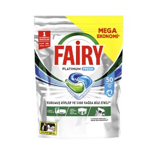 قرص ماشین ظرفشویی فیری مدل PLATINUM FRESH با ویژگی چربی‌زدایی فوق‌سریع و براق‌کننده استیل بسته ۵۰ عددی