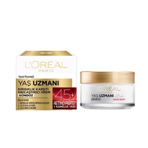 کرم روز ضد چروک لورآل مدل YAŞ UZMANI +45 با ویژگی سفت‌کننده پوست و حاوی رتینو پپتید حجم ۵۰ میلی‌لیتر