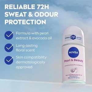 رول ضدتعریق زنانه نیوآ مدل PEARL & BEAUTY با ویژگی یکدست‌کننده و حاوی عصاره مروارید طبیعی با پایداری ۷۲ ساعته حجم ۵۰ میل