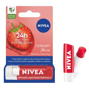 بالم لب نرم‌کننده و درخشان‌کننده نیوآ مدل Strawberry Shine با رنگ ملایم و SPF 15 وزن 4.8 گرم