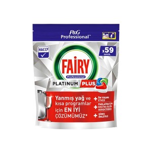 قرص ماشین ظرفشویی فیری مدل Platinum Plus Professional با قدرت چربی‌زدایی عمیق و جلادهندگی فوق‌العاده بسته ۵۹ عددی