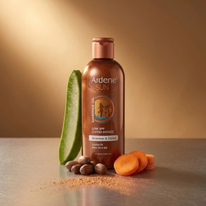 روغن آفتاب حاوی اکلیل آردن مدل Shimmer Oil با رنگ برنز مسی، تسریع برنزه‌شدن و شاین درخشان حجم ۲۵۰ میل