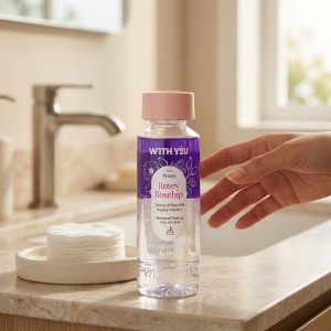 بطری میسلار واتر ویت یو مدل rosy rosehip، نمای جانبی با جزئیات بسته‌بندی ۲۰۰ میلی‌لیتری