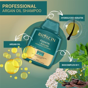 شامپو ضد ریزش بیوکسین مدل KERATIN&ARGAN ترمیم‌کننده با کراتین و روغن آرگان حجم ۳۰۰ میل