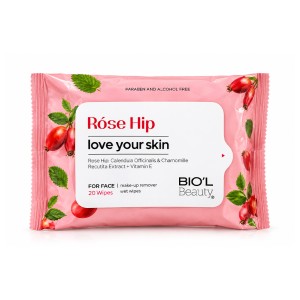 دستمال مرطوب پاک کننده آرایش بیول مدل Rose Hip با عصاره بابونه و کالاندولا مناسب پوست مختلط و همه پوست‌ها بسته ۲۰ عددی