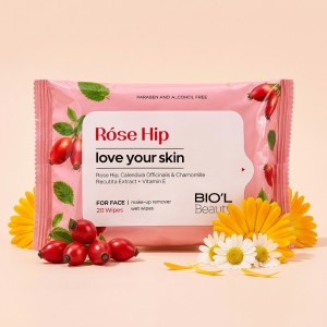 دستمال مرطوب پاک کننده آرایش بیول مدل Rose Hip با عصاره بابونه و کالاندولا مناسب پوست مختلط و همه پوست‌ها بسته ۲۰ عددی