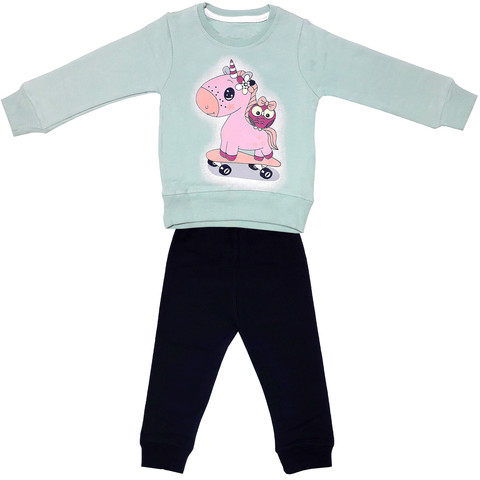 ست سویشرت و شلوار دخترانه طرح اسب تک شاخ کد 3029 رنگ سبز آبی