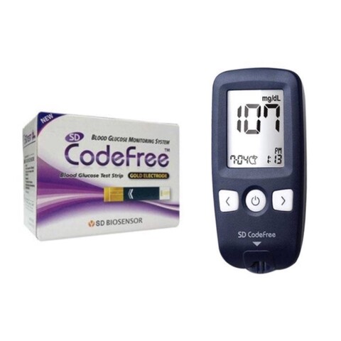 دستگاه تست قند خون اس دی بایوسنسور مدل کد فری به همراه نوار تست قند خون  بسته 50 عددی