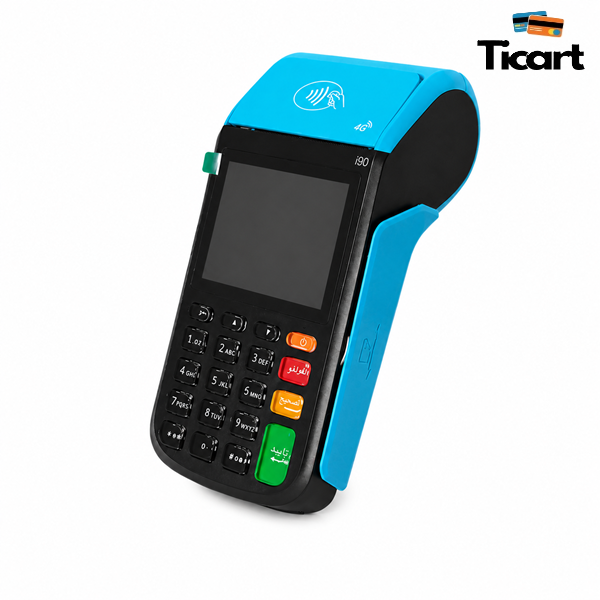 دستگاه کارتخوان سیار SZZT i90 مشکی آبی نمای زاویه‌دار