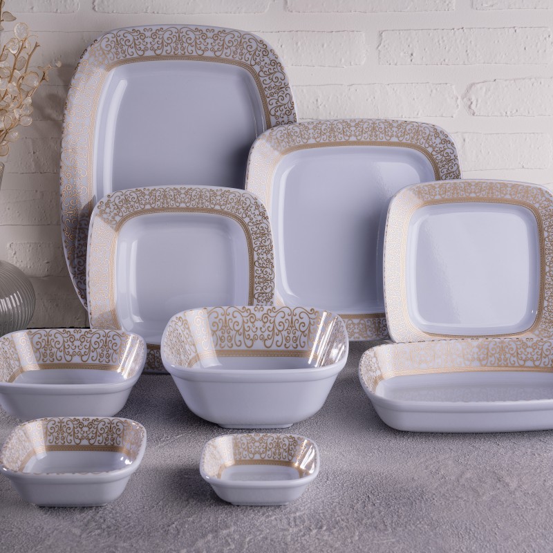 سرویس 41 پارچه شش نفره چهارگوش ملامین تورزن طرح ترمه سفید