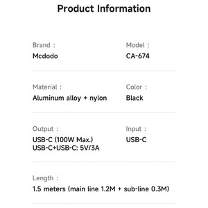 کابل تایپ‌سی به دو تایپ‌سی 100 وات 5 آمپر 1.5 متری مک‌دودو