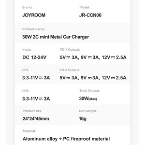 شارژر فندکی فست شارژ ماشین تایپ سی 30 وات جویروم