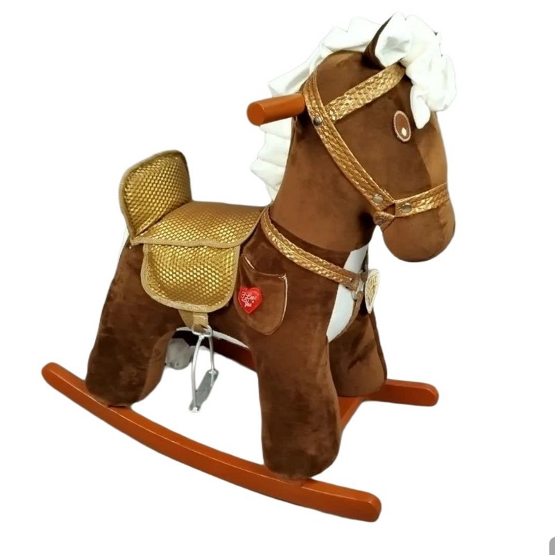 اسب چوبی کودک قهوه‌ای مخملی با زین طلایی